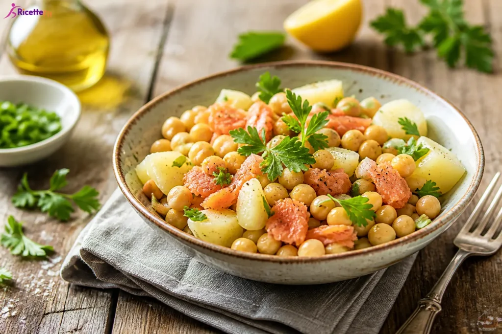 Insalata proteica con salmone affumicato, ceci e patate al limone