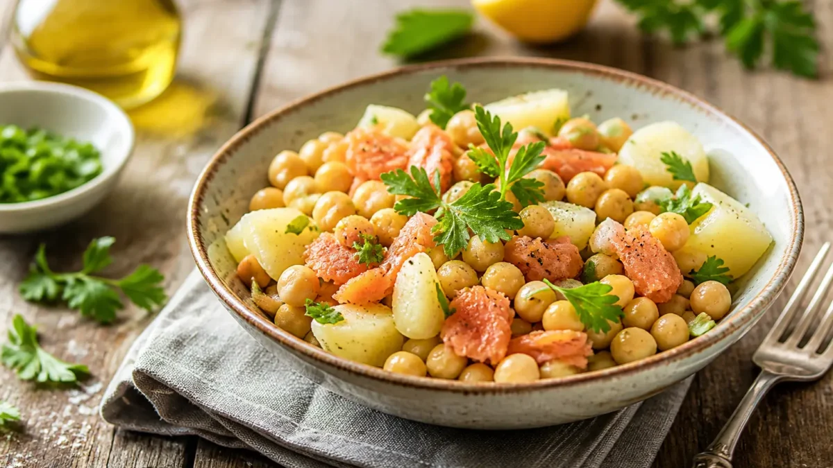 Insalata proteica con salmone affumicato, ceci e patate al limone