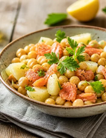 Insalata proteica con salmone affumicato, ceci e patate al limone