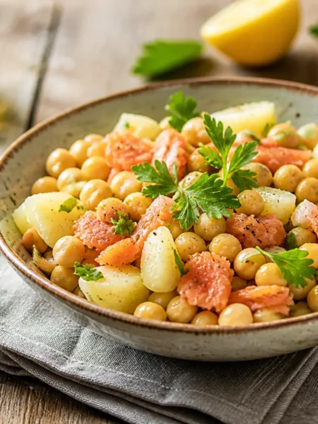 Insalata proteica con salmone affumicato, ceci e patate al limone