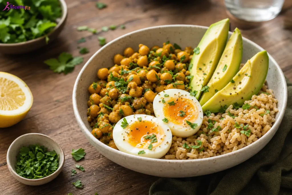 Insalata proteica con uova, avocado, ceci speziati e riso integrale