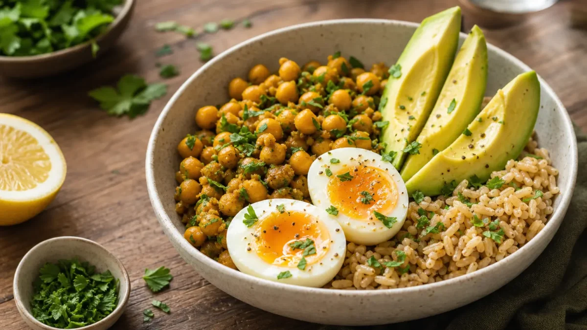 Insalata proteica con uova, avocado, ceci speziati e riso integrale