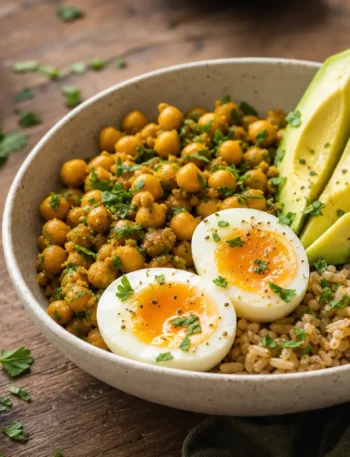 Insalata proteica con uova, avocado, ceci speziati e riso integrale