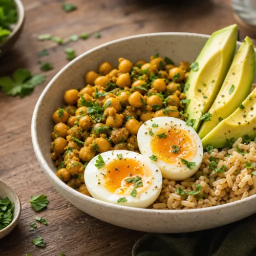 Insalata proteica con uova, avocado e ceci speziati