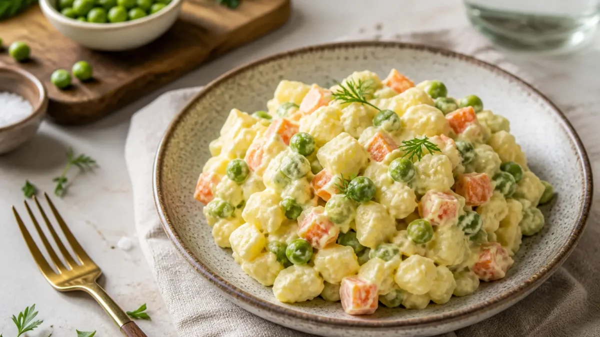 Insalata russa fit con yogurt greco, patate, carote e piselli