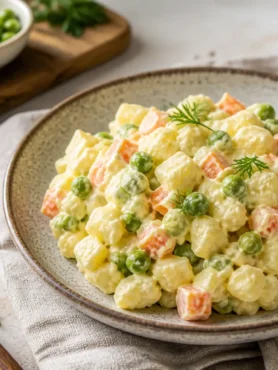 Insalata russa fit con yogurt greco, patate, carote e piselli