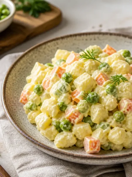Insalata russa fit con yogurt greco, patate, carote e piselli