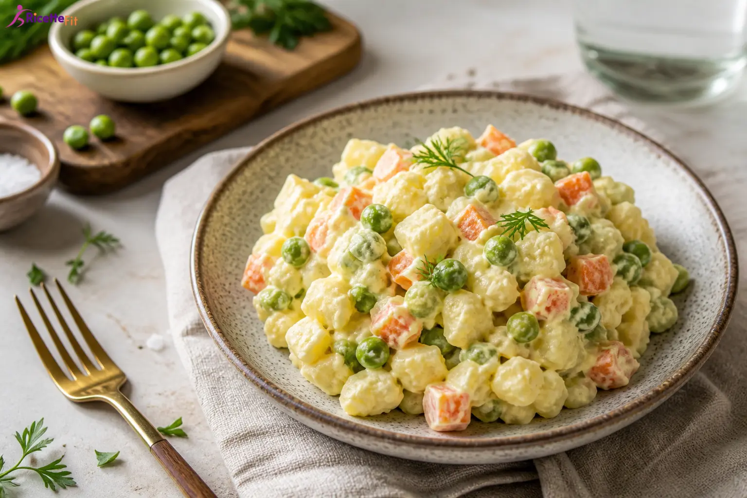 Insalata russa fit con yogurt greco, patate, carote e piselli
