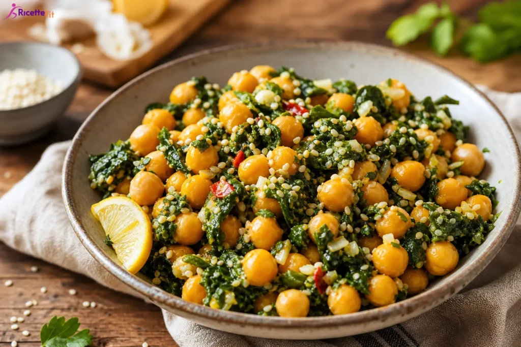 Insalata tiepida di ceci e spinaci con semi di sesamo