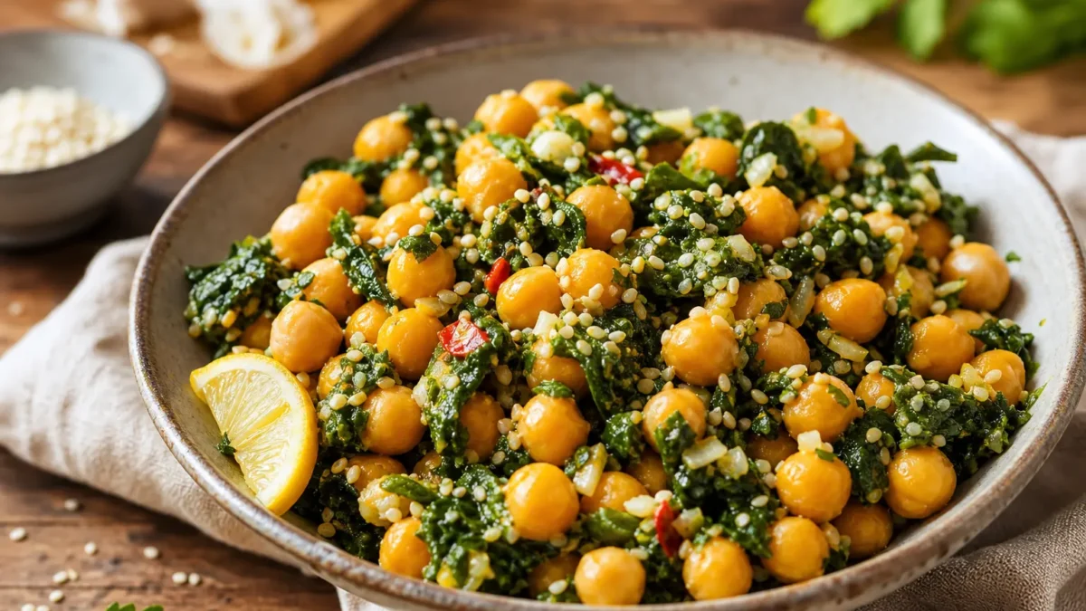 Insalata tiepida di ceci e spinaci con semi di sesamo