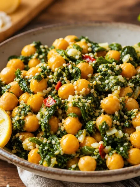 Insalata tiepida di ceci e spinaci con semi di sesamo