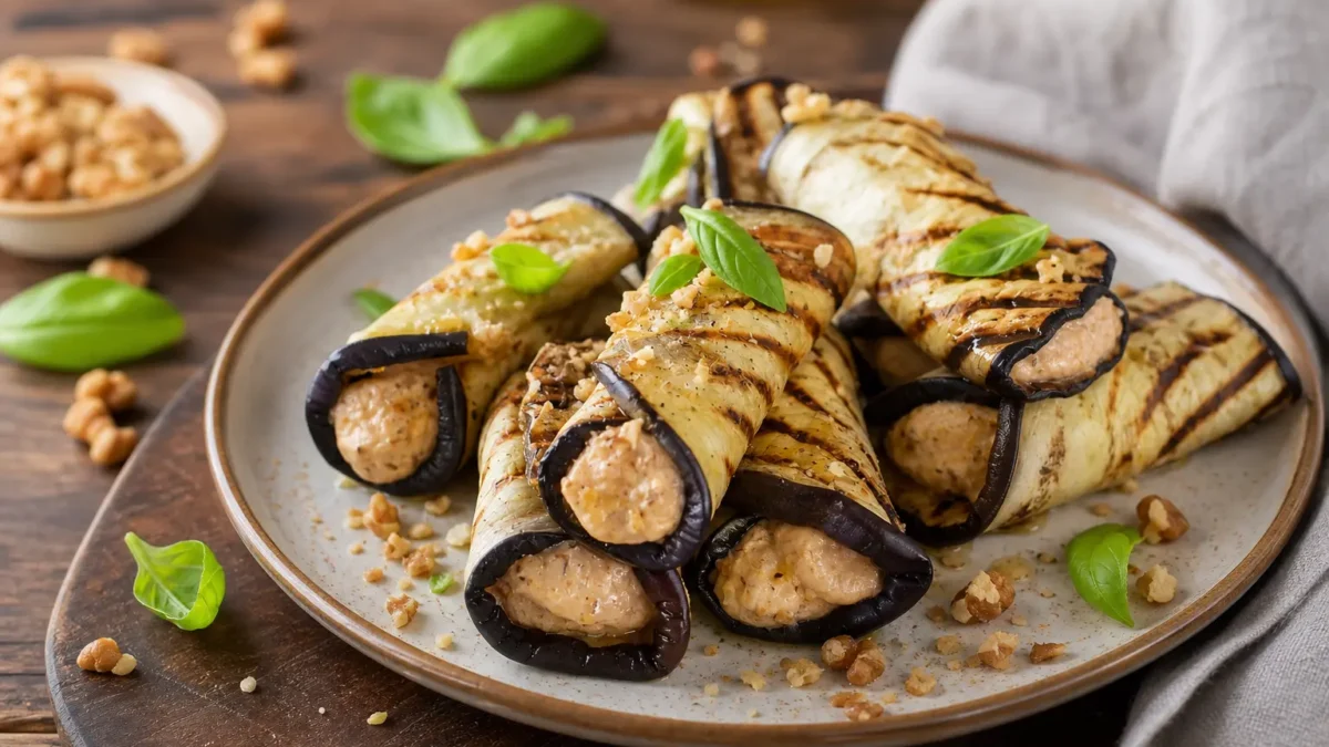 Involtini di melanzane grigliate con ricotta light, noci e basilico