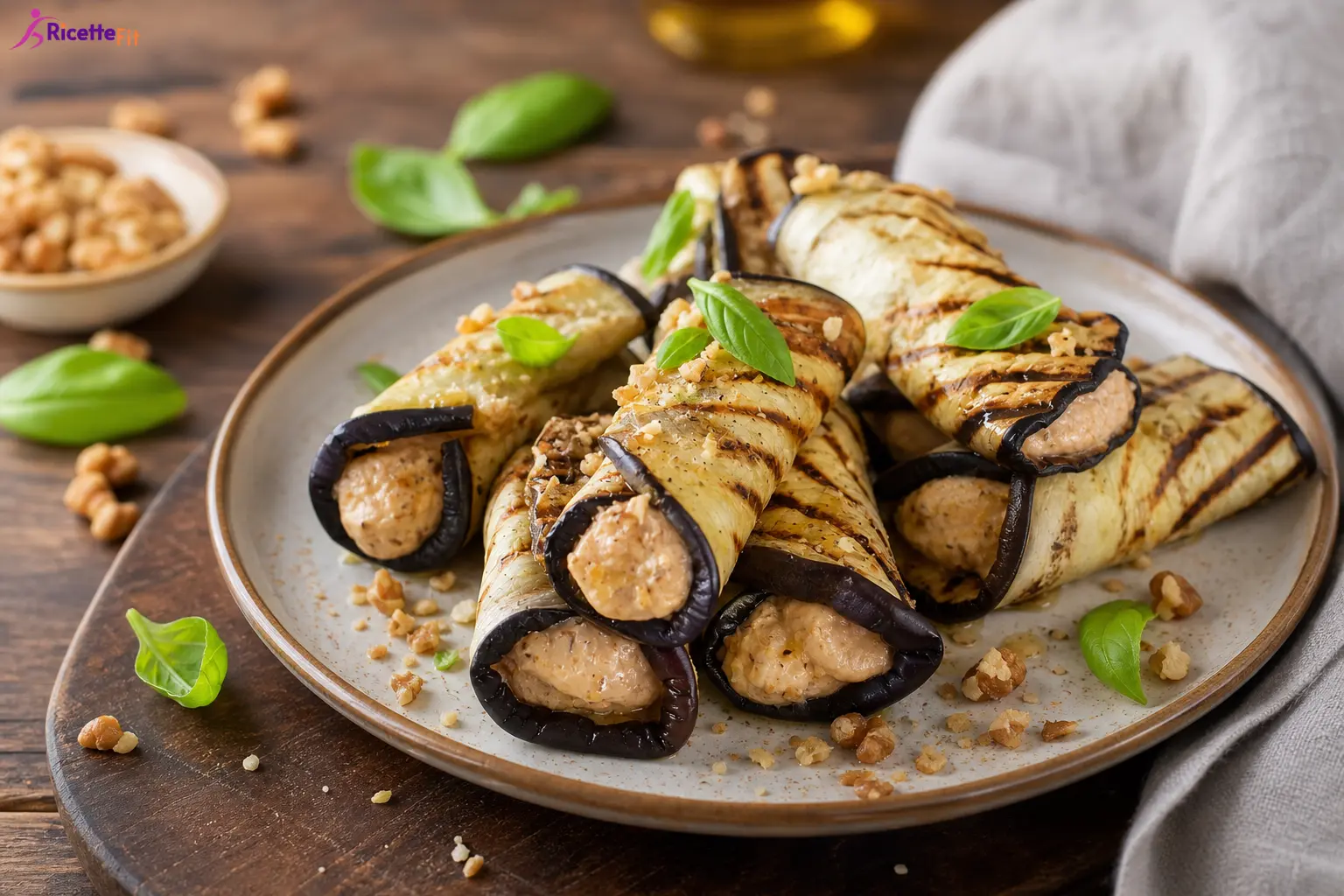Involtini di Melanzane Grigliate con Ricotta, Noci e Basilico