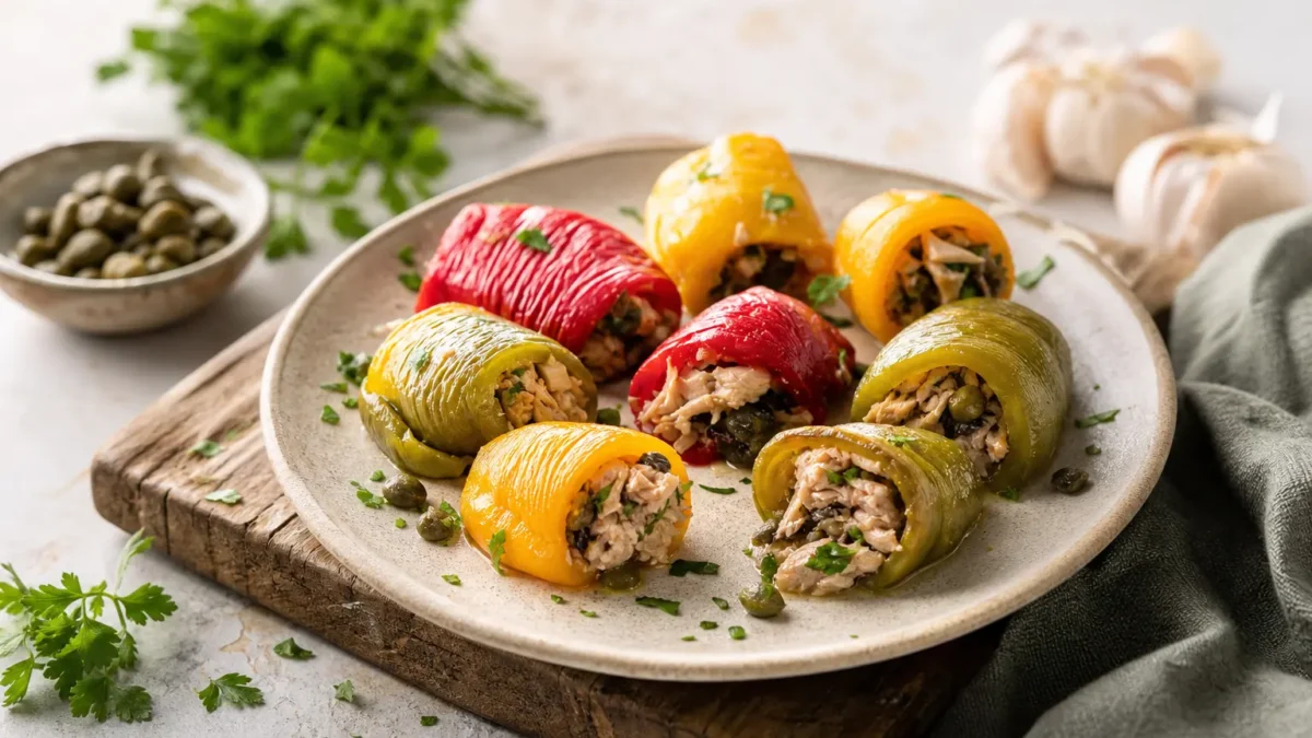 Involtini di peperoni ripieni di tonno con capperi e prezzemolo