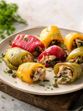 Involtini di peperoni ripieni di tonno con capperi e prezzemolo