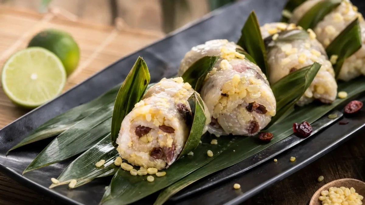 Involtini di pesce spada ripieni di miglio su foglie di banano
