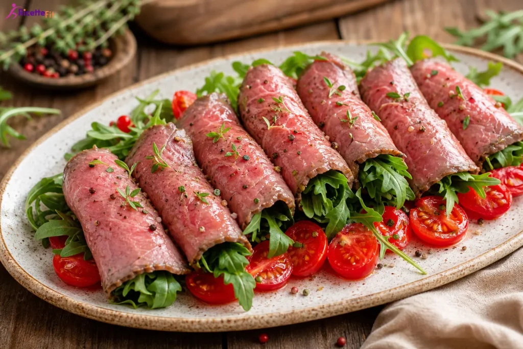 Involtini di roastbeef con rucola e pomodorini su piatto da portata