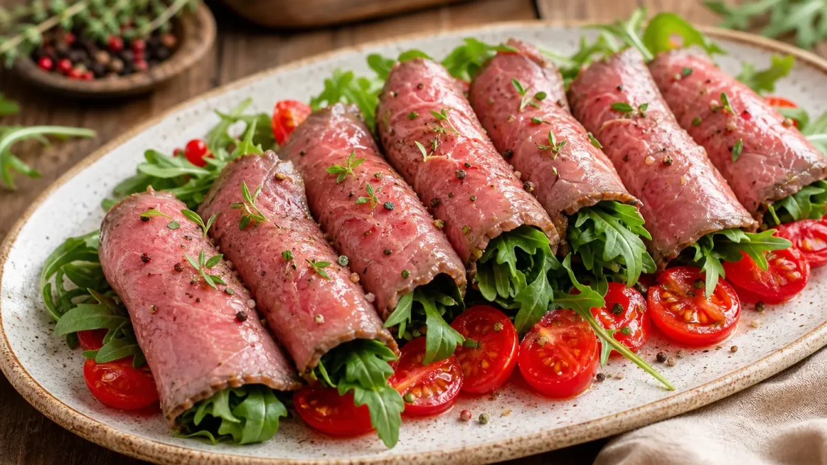 Involtini di roastbeef con rucola e pomodorini su piatto da portata