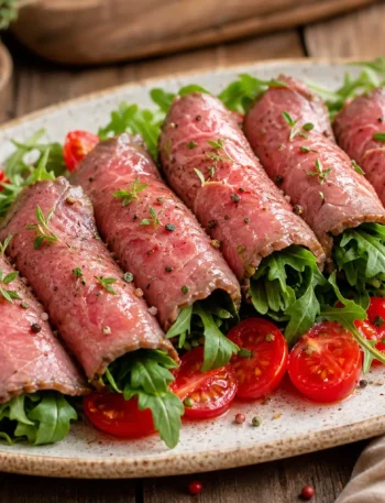 Involtini di roastbeef con rucola e pomodorini su piatto da portata