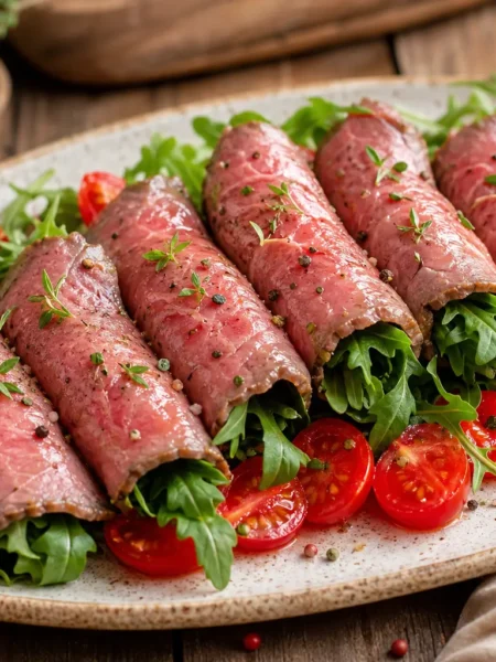 Involtini di roastbeef con rucola e pomodorini su piatto da portata