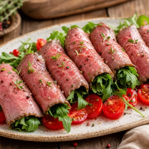 Involtini di roastbeef con rucola, pomodorini e olive