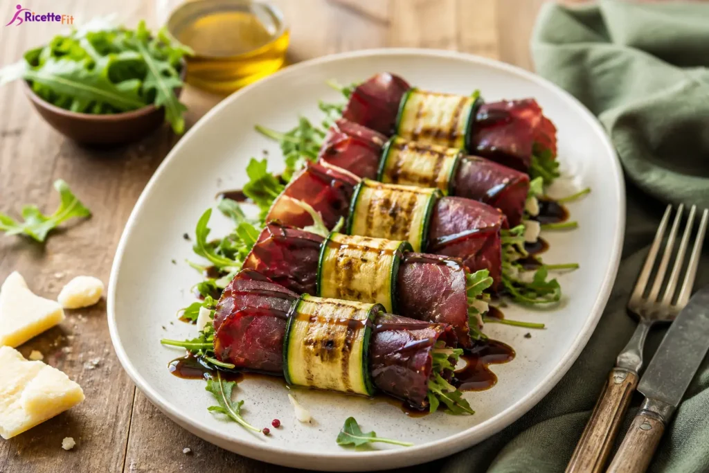 Involtini di zucchine grigliate e bresaola con rucola, Parmigiano e glassa balsamica