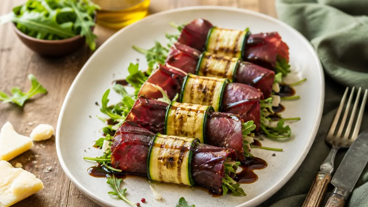 Involtini di zucchine grigliate e bresaola con rucola, Parmigiano e glassa balsamica