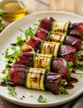 Involtini di zucchine grigliate e bresaola con rucola, Parmigiano e glassa balsamica