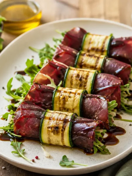 Involtini di zucchine grigliate e bresaola con rucola, Parmigiano e glassa balsamica