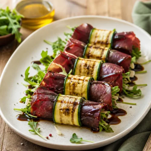 Involtini di zucchine grigliate e bresaola con rucola, grana e balsamico