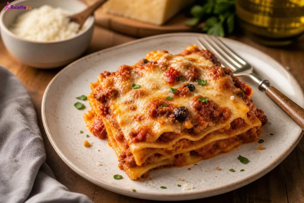 Lasagna fit con sfoglia d’avena, ragù di tacchino e mozzarella light