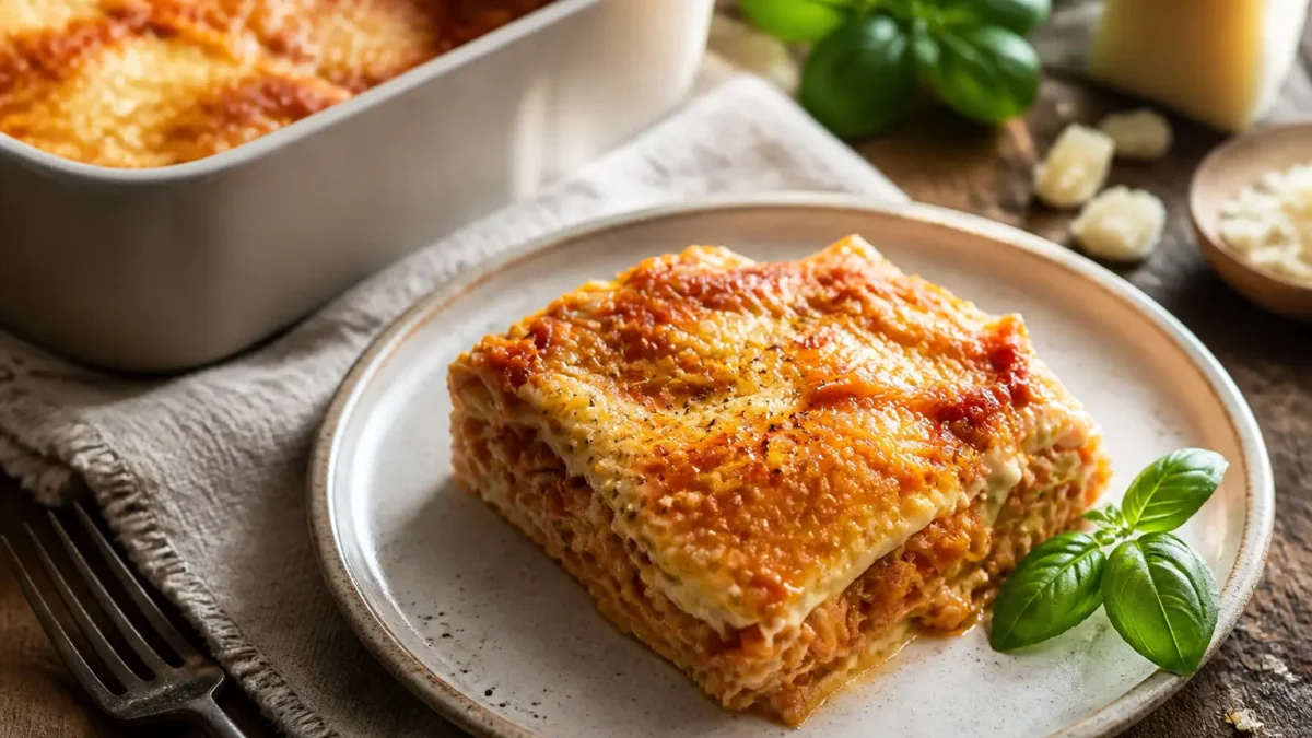 Lasagne al ragù di seitan fit con basilico fresco