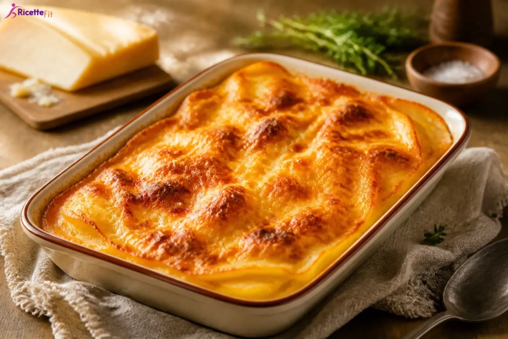 Lasagne vegane alla zucca rossa con superficie gratinata in pirofila