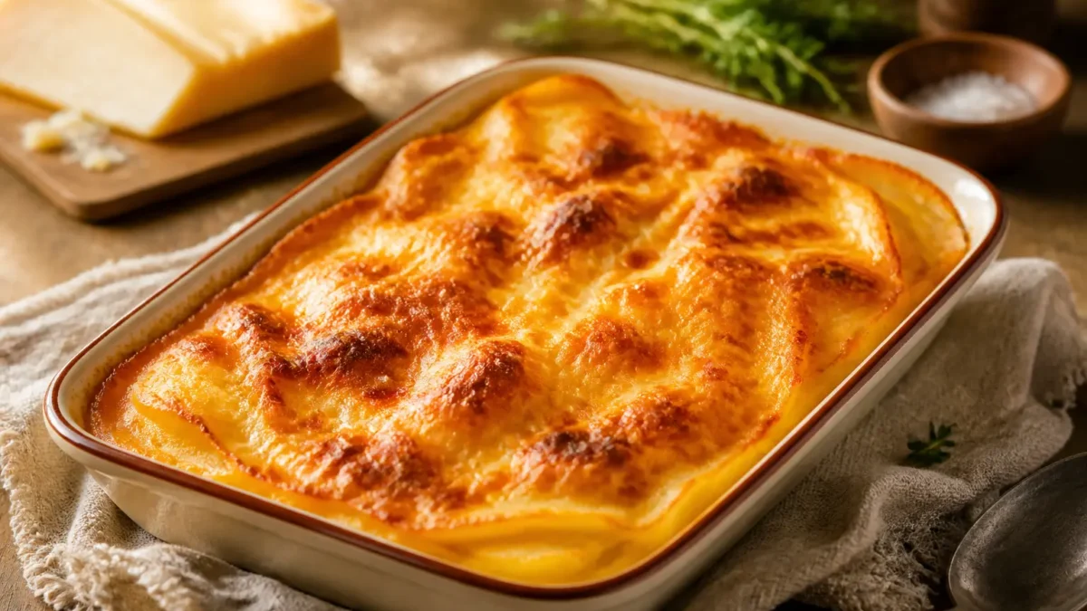 Lasagne vegane alla zucca rossa con superficie gratinata in pirofila