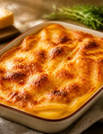 Lasagne vegane alla zucca rossa con superficie gratinata in pirofila
