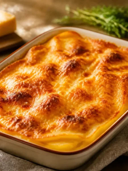 Lasagne vegane alla zucca rossa con superficie gratinata in pirofila