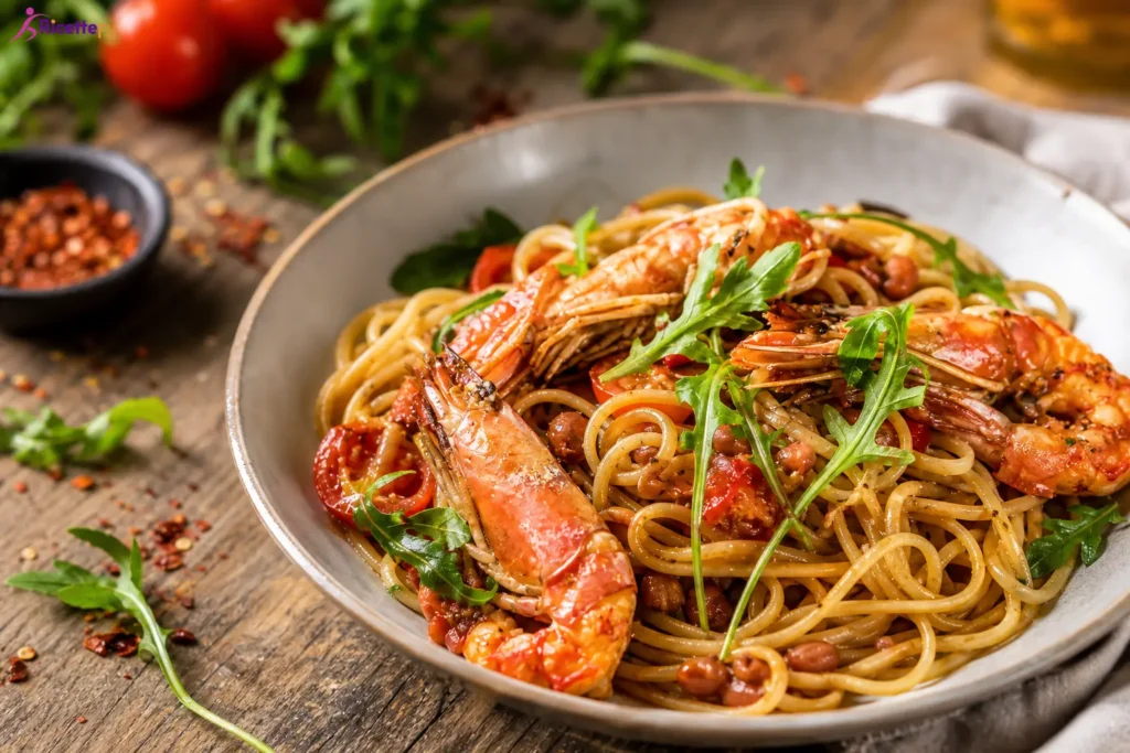 Linguine integrali con scampi, pomodorini e rucola