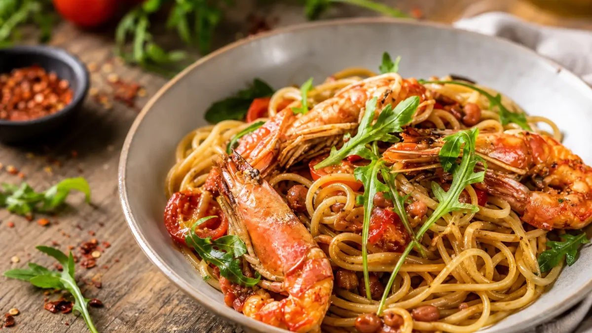 Linguine integrali con scampi, pomodorini e rucola