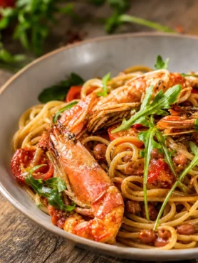 Linguine integrali con scampi, pomodorini e rucola