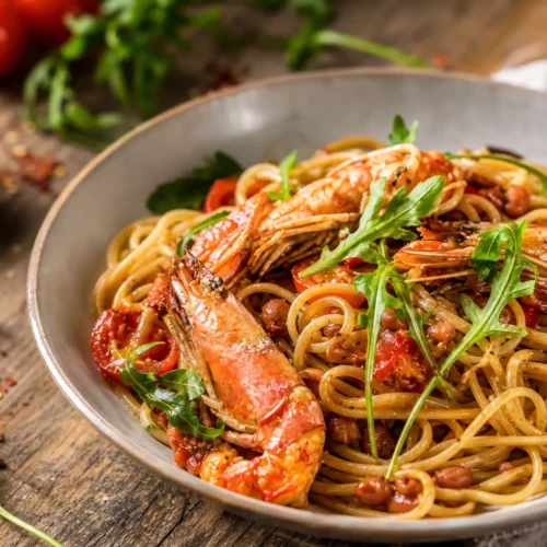 Linguine integrali con scampi, pomodorini, melograno e rucola