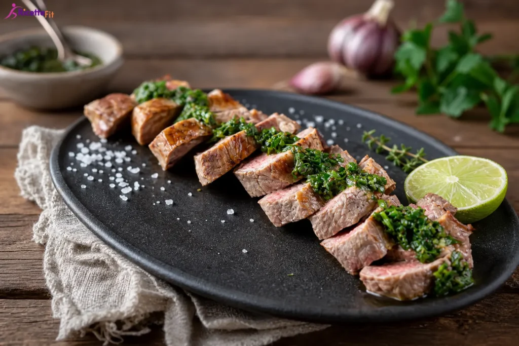 Lonza di maiale magra a fette con salsa chimichurri e lime