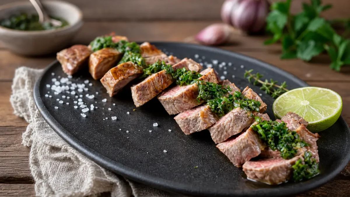 Lonza di maiale magra a fette con salsa chimichurri e lime