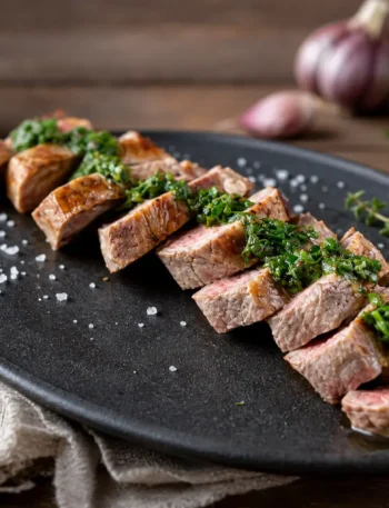 Lonza di maiale magra a fette con salsa chimichurri e lime