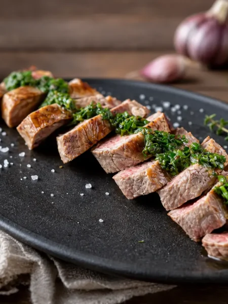 Lonza di maiale magra a fette con salsa chimichurri e lime