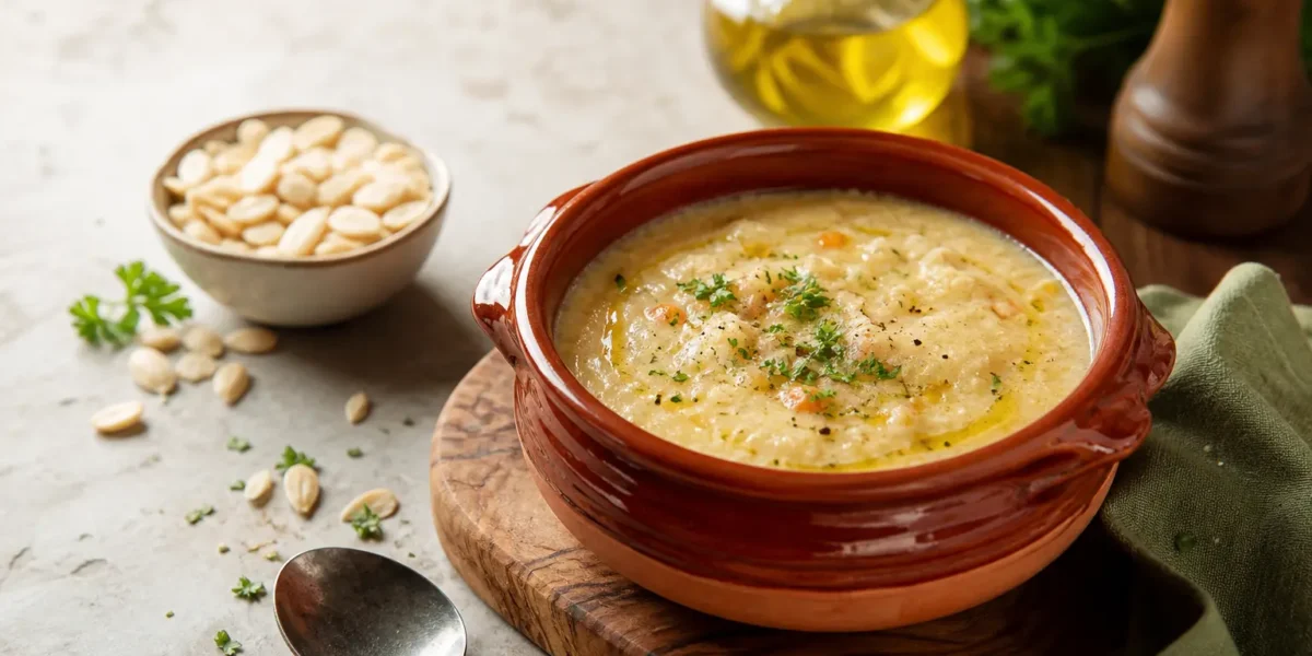 Macco di fave alla siciliana fit in ciotola di terracotta con olio e prezzemolo