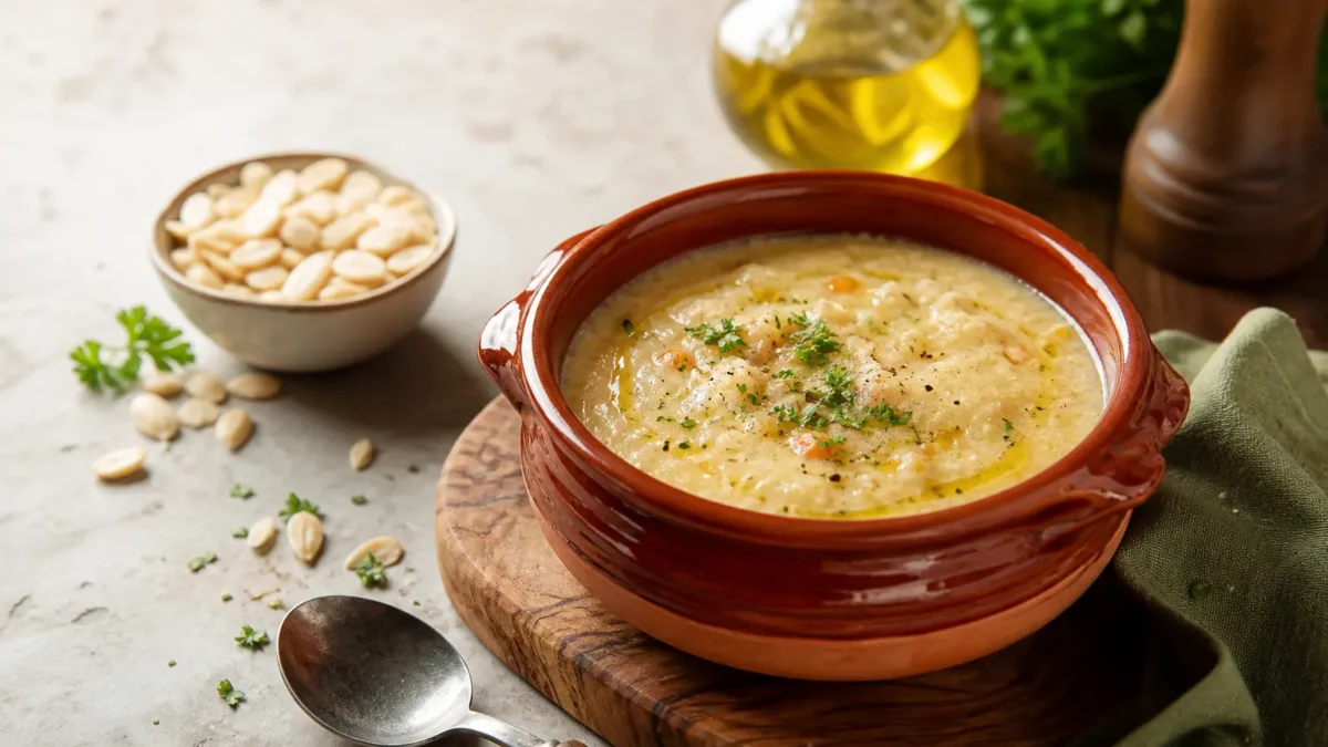 Macco di fave alla siciliana fit in ciotola di terracotta con olio e prezzemolo