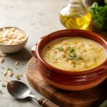 Macco di fave alla siciliana fit in ciotola di terracotta con olio e prezzemolo