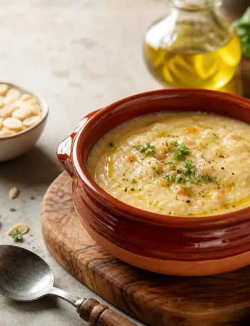 Macco di fave alla siciliana fit in ciotola di terracotta con olio e prezzemolo