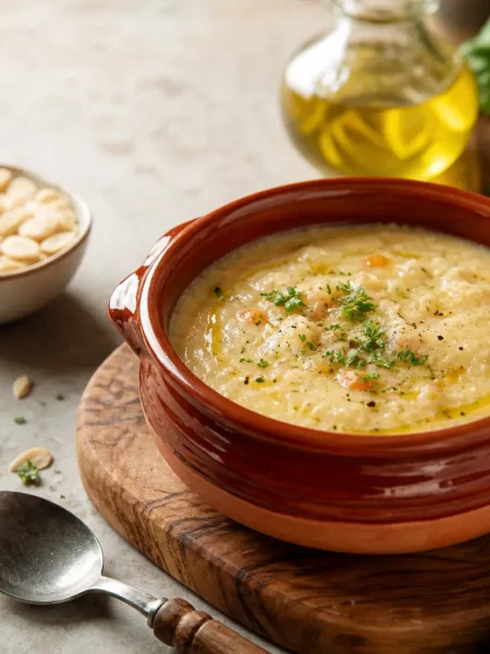 Macco di fave alla siciliana fit in ciotola di terracotta con olio e prezzemolo