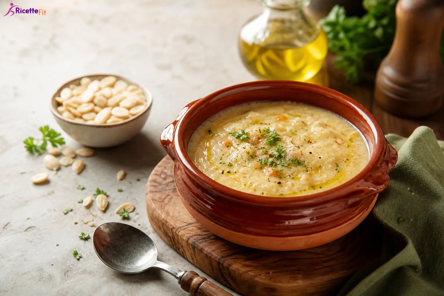 Macco di fave alla siciliana fit in ciotola di terracotta con olio e prezzemolo